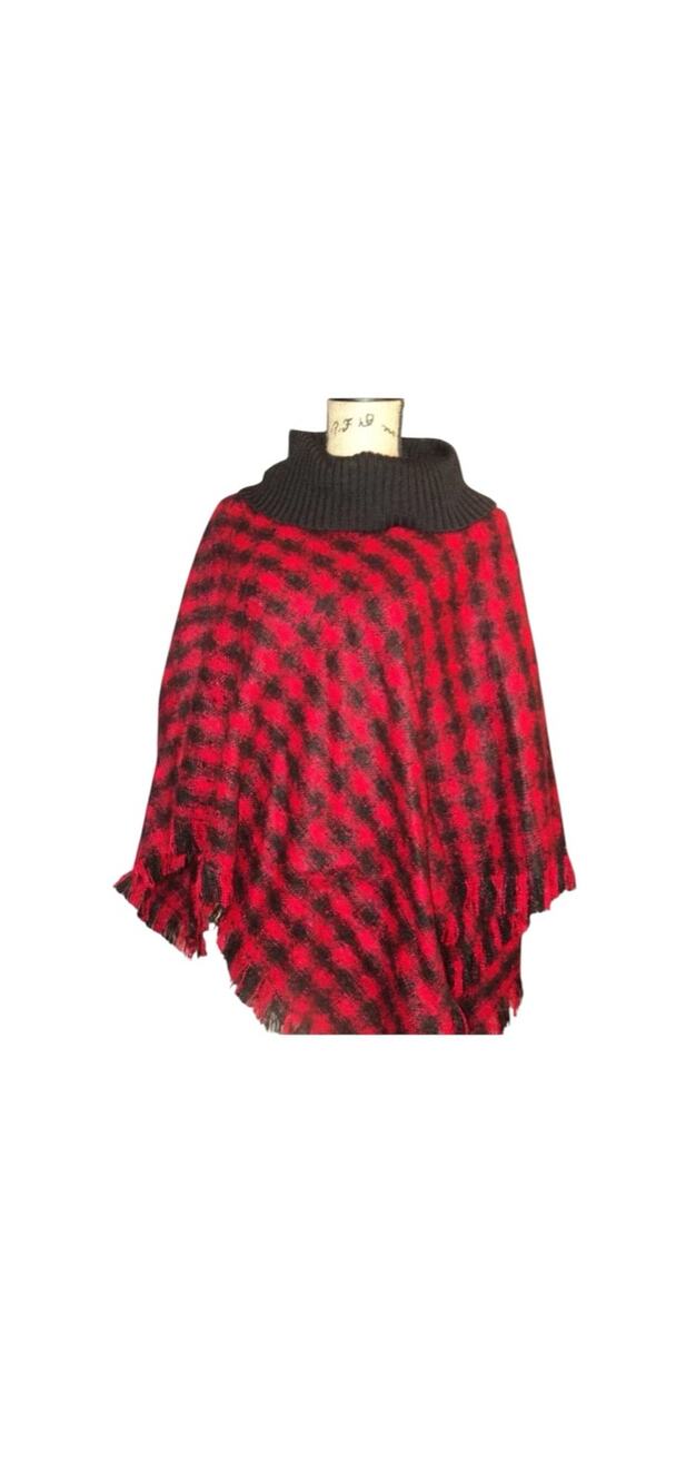 Talbots Cape-Women Sz M-Red/black tartan plaid-Cowl neck-Fringe hemline-1105